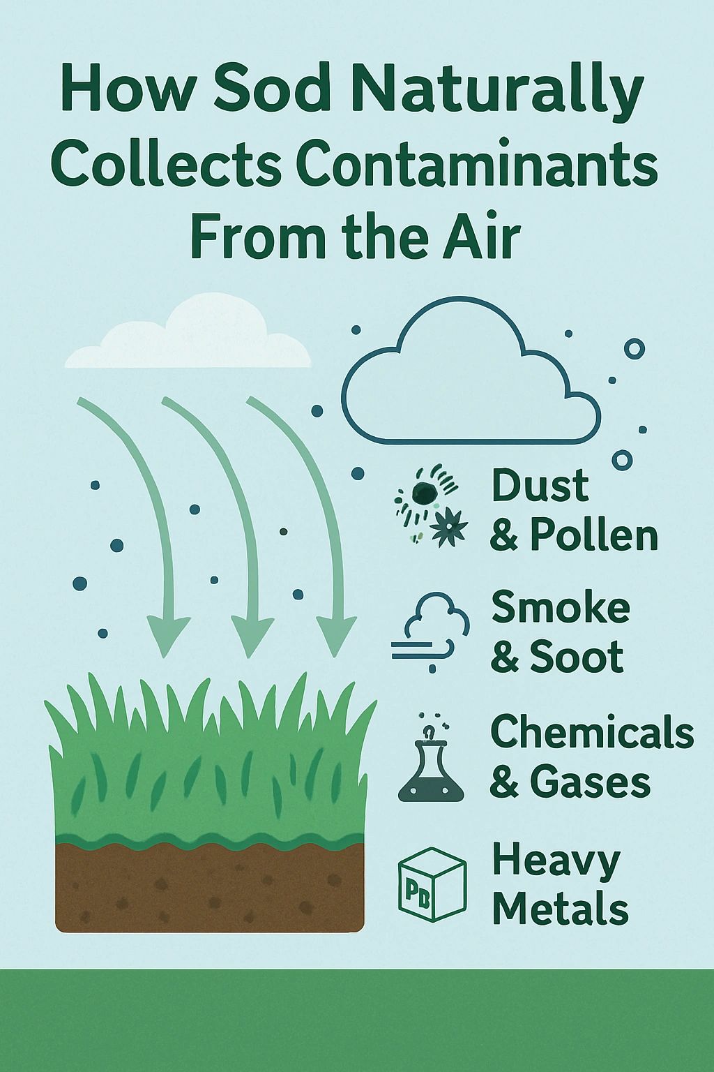 Lush sod lawn filtering airborne dust and particulates from the surrounding environment