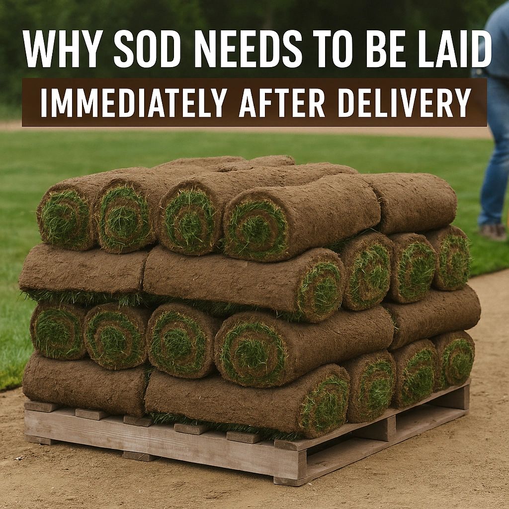 Featured image showing several rolls of sod stacked on wooden pallets in an outdoor yard, with large bold text reading, “How Long Can Sod Sit on a Pallet Before It Goes Bad?”