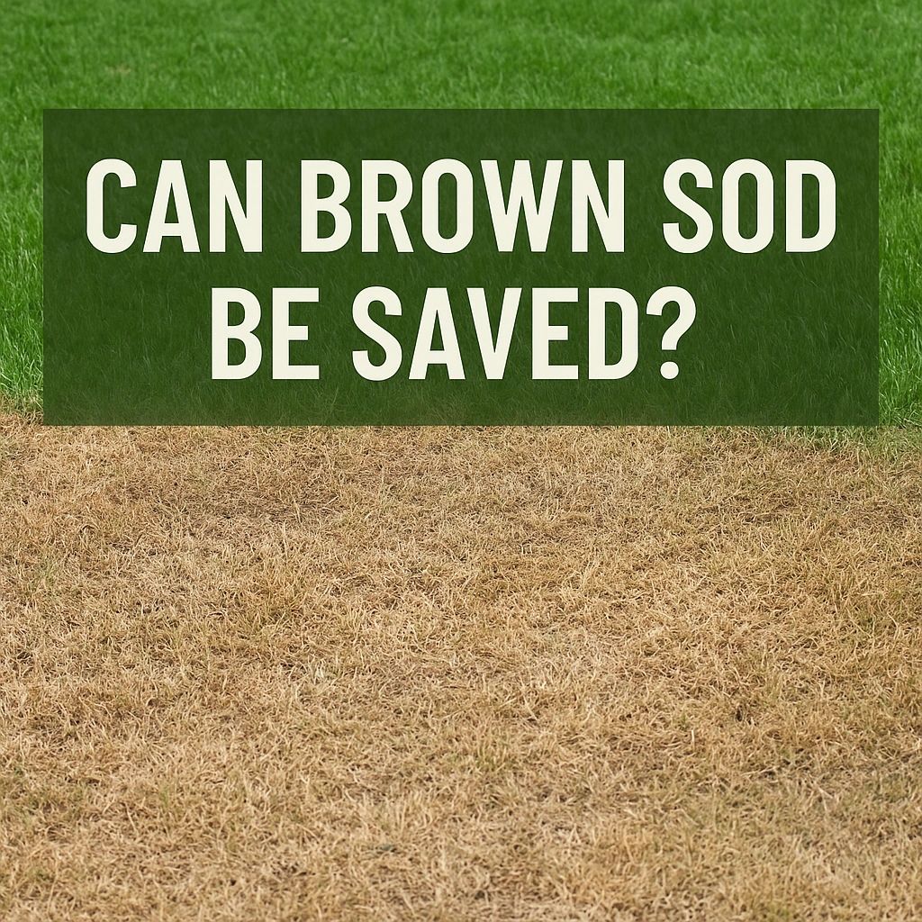Lawn split between healthy green sod and dried brown sod — diagnostic comparison