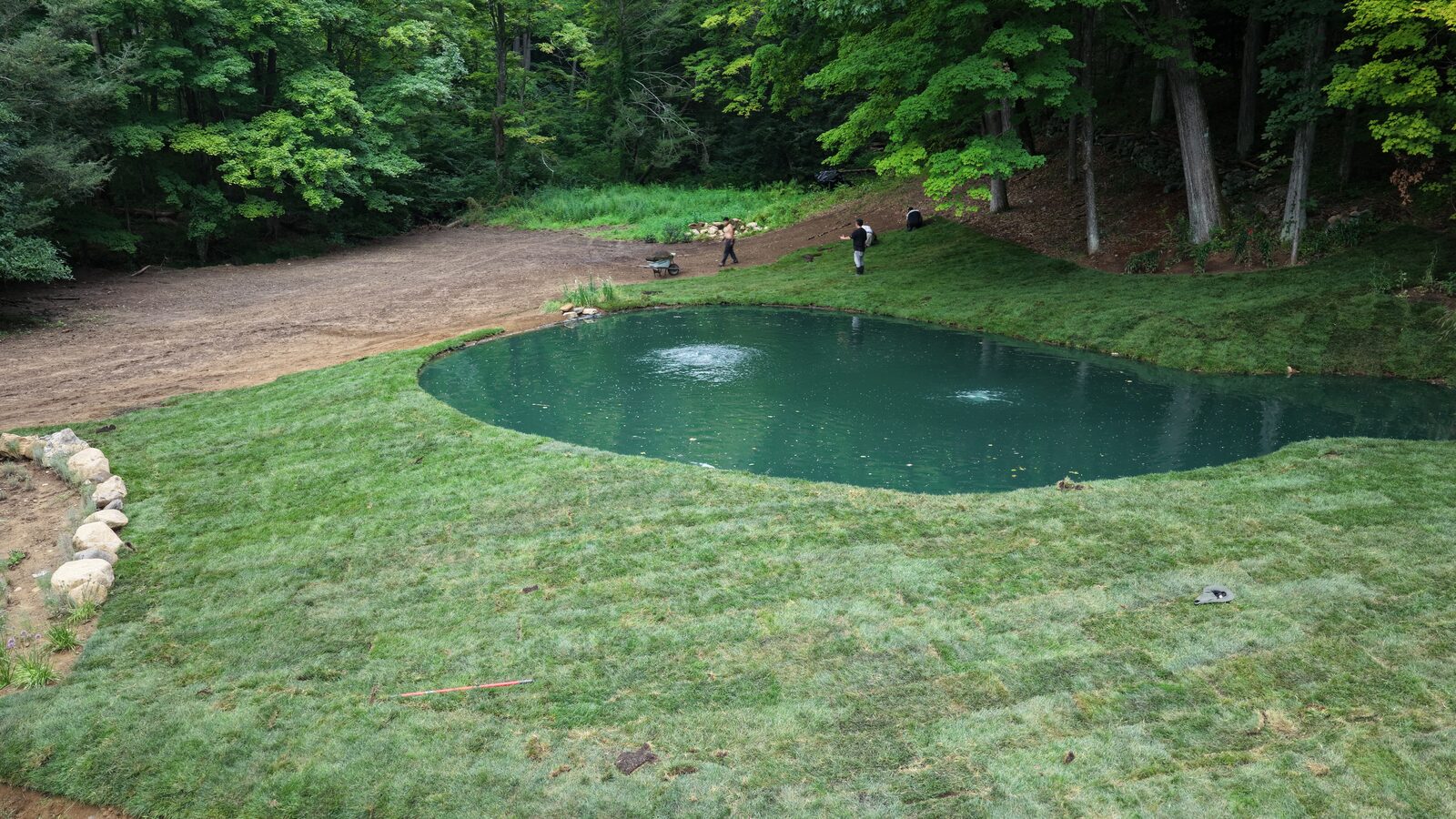 Wide aerial view of a Bridgewater pond landscape framed by fresh tall fescue sod and woods