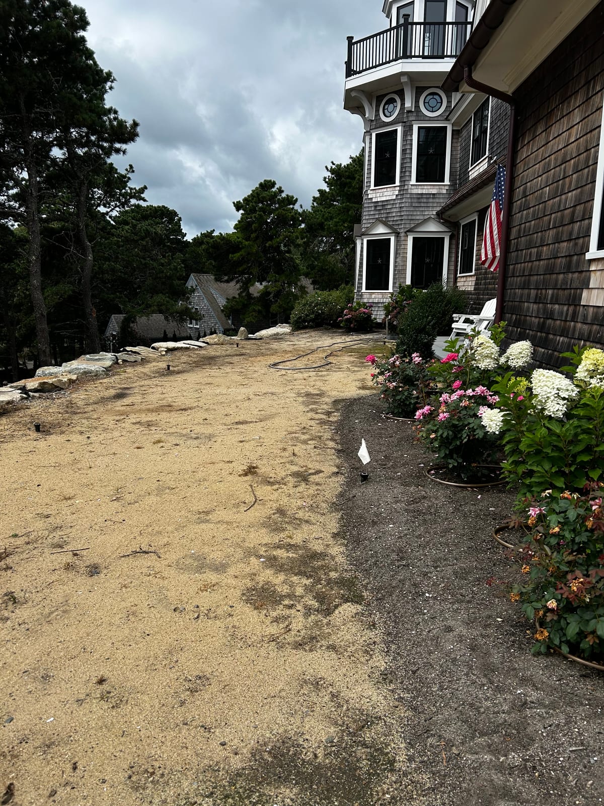 Graded sandy lawn area beside the shingled main house and flowering hydrangea beds at a Chatham, MA estate