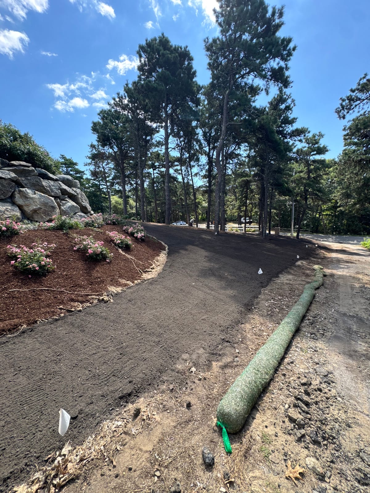 Prepared road-side lawn area with erosion-control wattles at the Chatham, MA estate