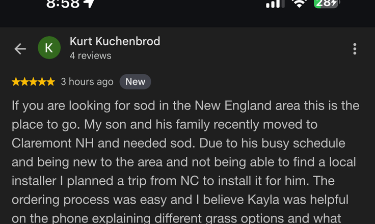 Kurt Kuchenbrod's five-star Google review describing the Claremont, NH sod delivery and how CT Sod made it right