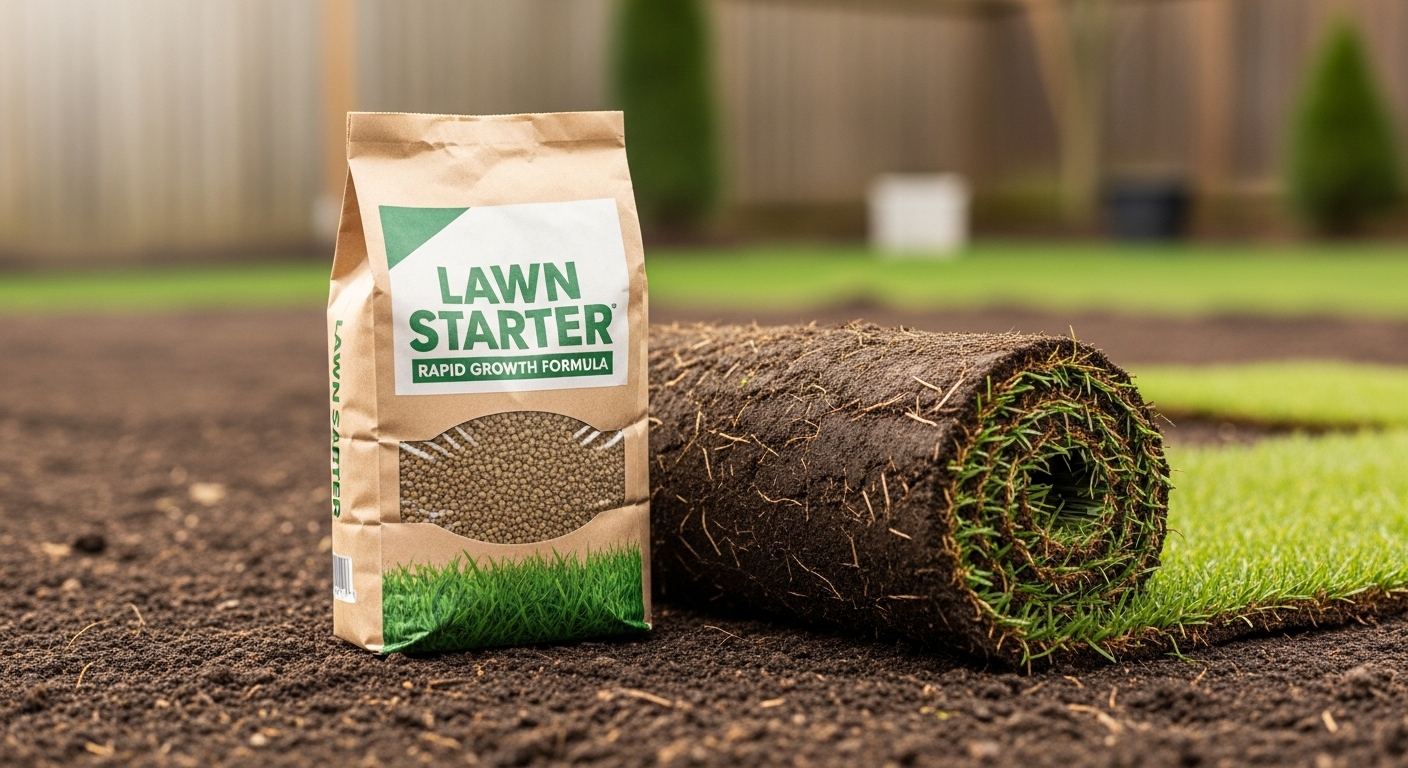 A bag of high-phosphorus starter fertilizer beside a roll of fresh green sod on prepared soil