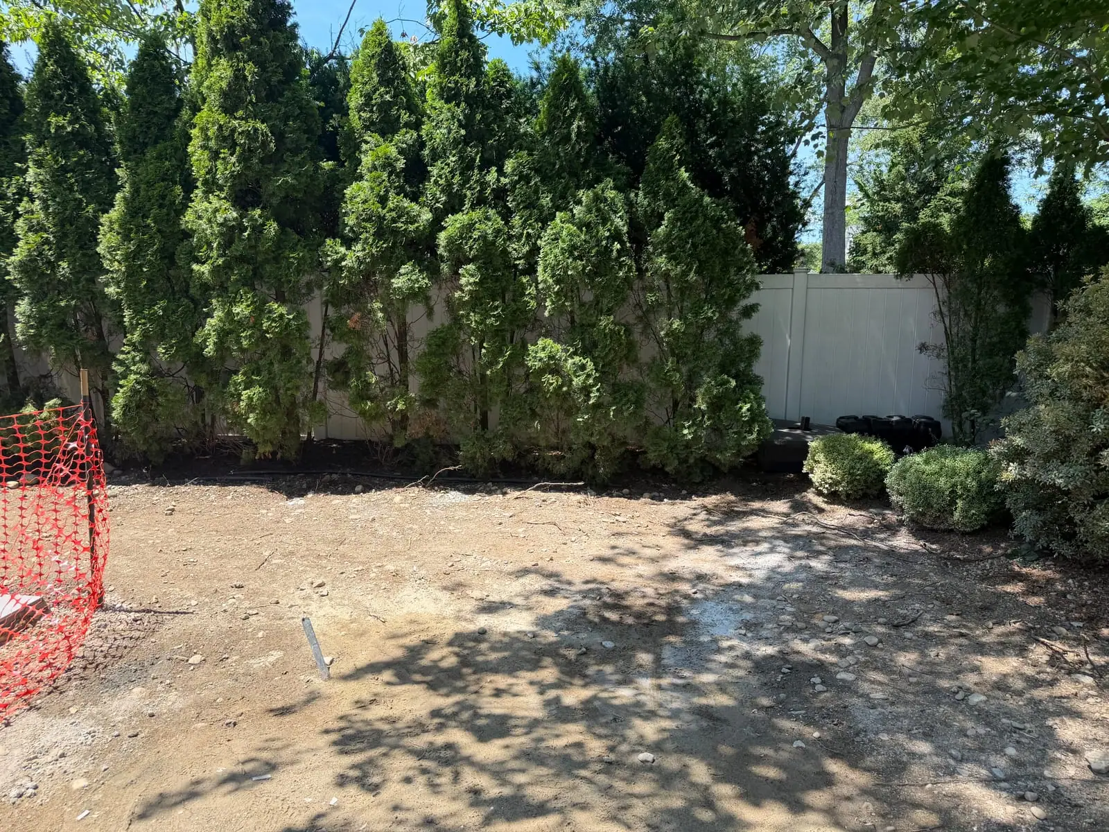 Rough grade running along the arborvitae hedge and white fence after a pool build in Fairfield, CT