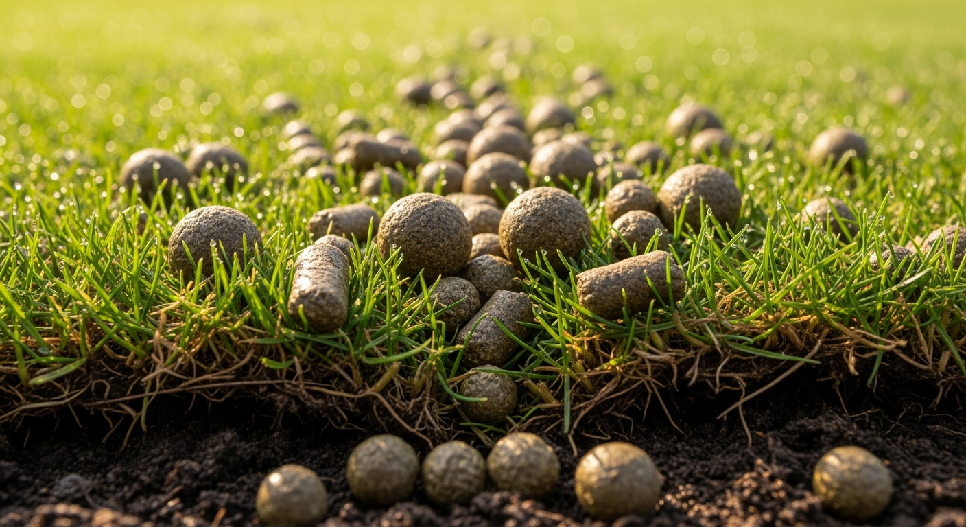 Granular lawn fertilizer pellets scattered across the blades of freshly laid green sod with a visible seam and dark soil beneath
