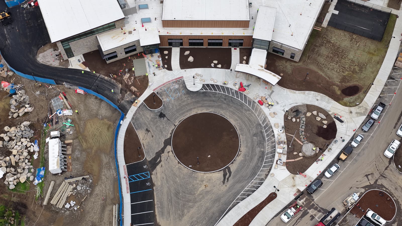 Friday morning top-down view of the Central Middle School entrance circle and prepared lawn zones before CT Sod's installation began