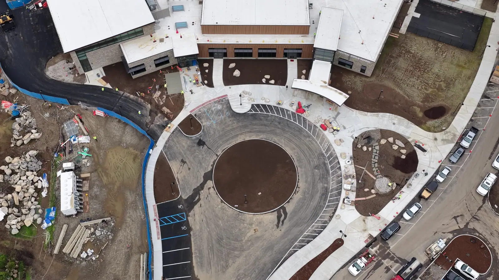 Friday morning top-down view of the Central Middle School entrance circle and prepared lawn zones before CT Sod's installation began