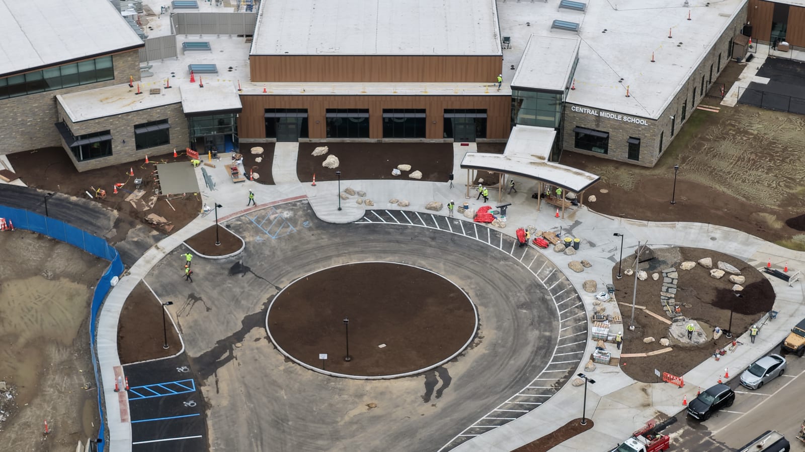 Friday morning aerial over the Central Middle School entry and circular drive before CT Sod's installation