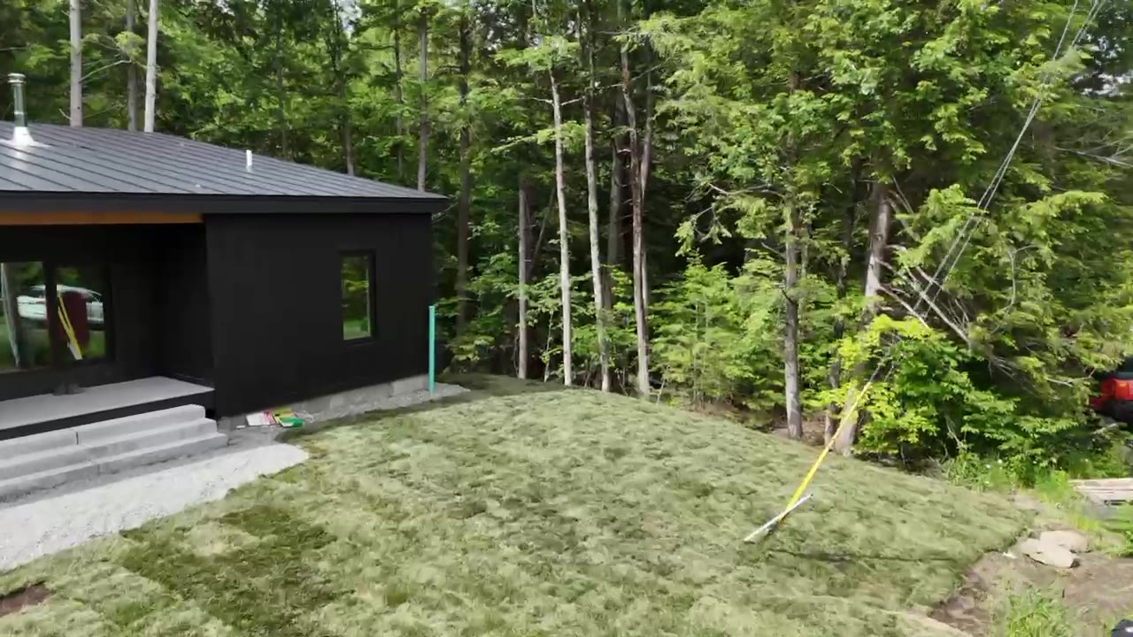 An afternoon drone flyover of the finished 9,000 sq ft tall fescue lawn wrapping the home, green from the patio out to the tree line