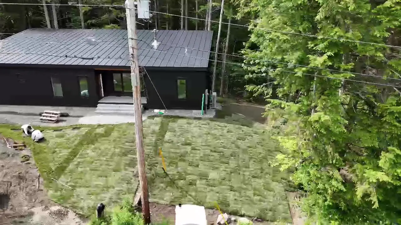 The finished lawn, patio out to the tree line.