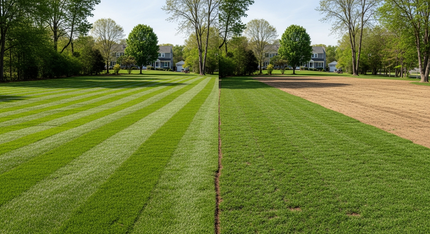 A lush, finished green sod lawn on the left transitioning to freshly graded soil ready for hydroseeding on the right