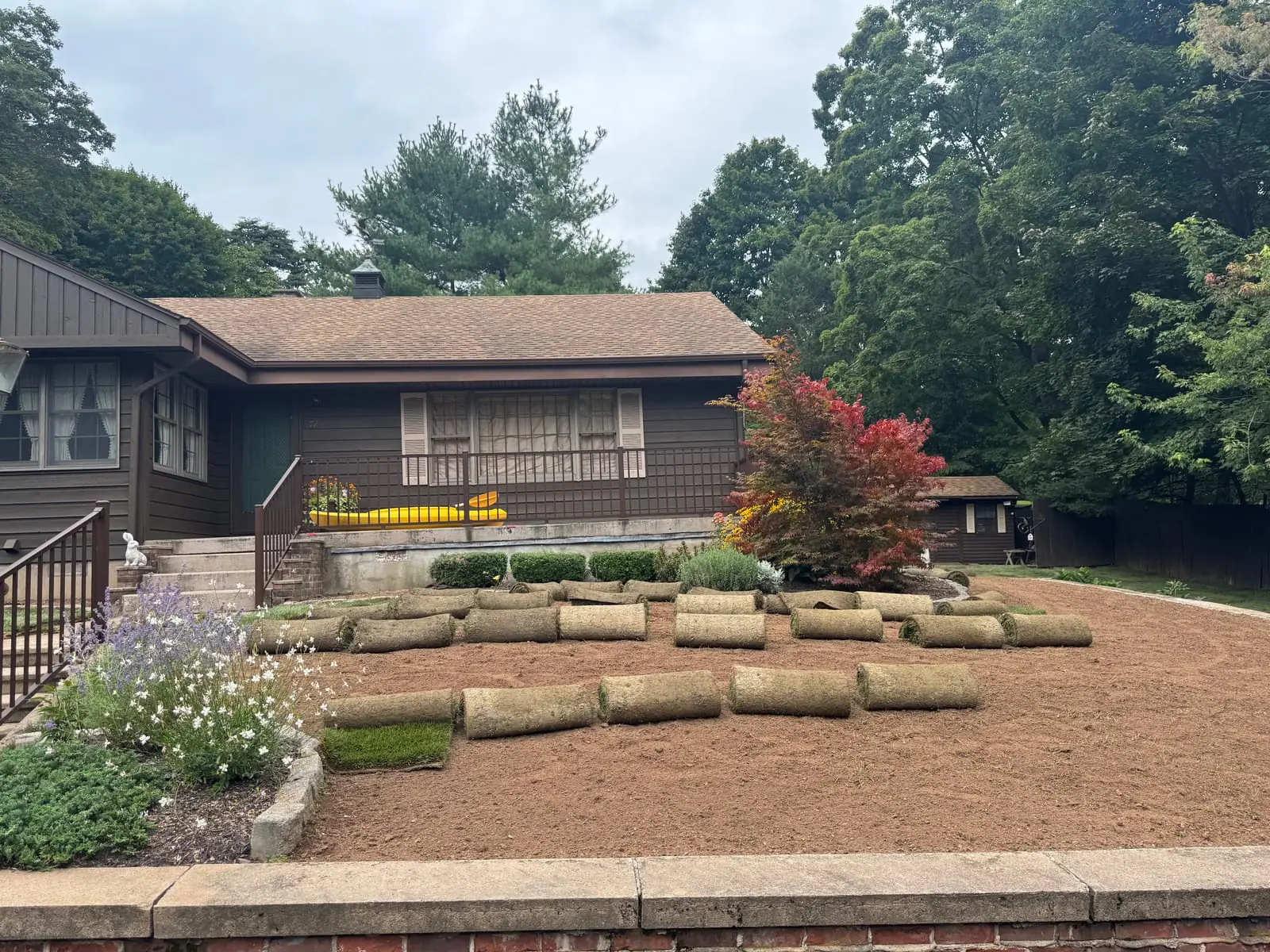 Rolls of farm-cut sod staged on the front lawn in Meriden, Connecticut