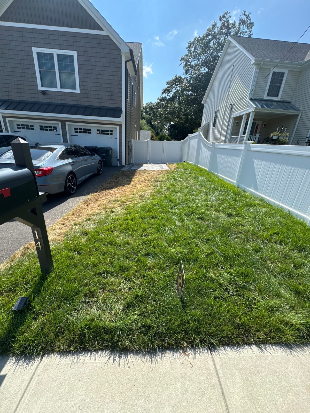 Front lawn in Milford, CT with straw-colored equipment damage near the driveway and mailbox, the rest of the yard still green