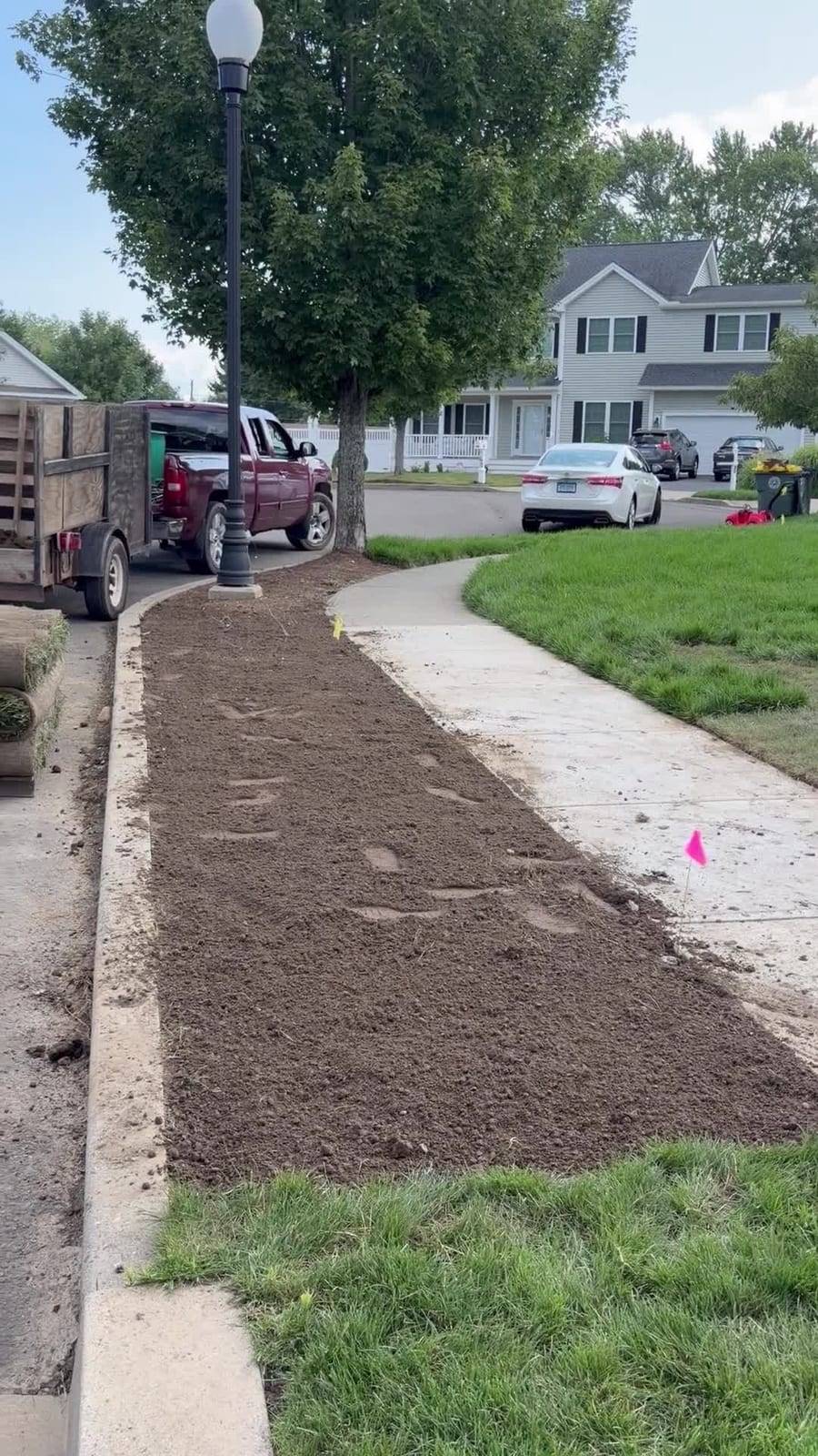 Round two — the washed-out strip along the sidewalk stripped back to clean soil and re-raked, fresh rolls staged beside it to go down again