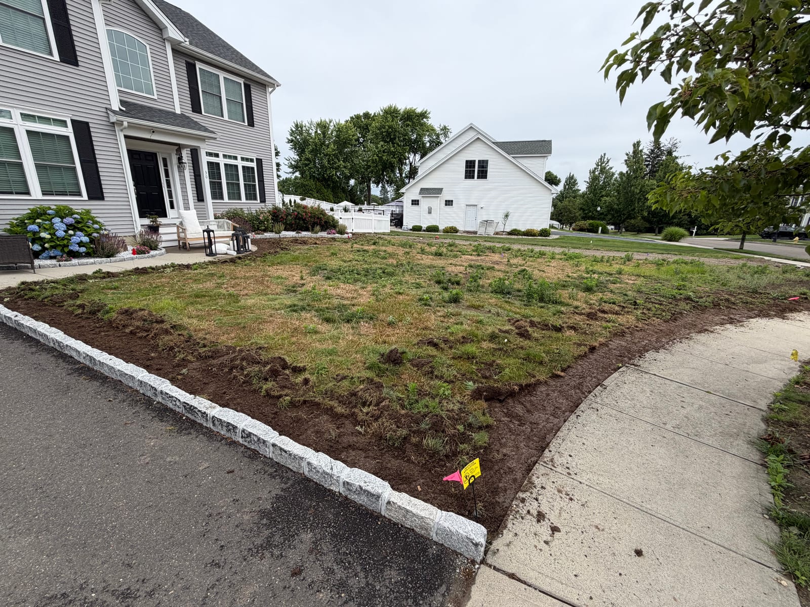 The old front lawn in Milford, CT before sod — a thin, weedy, patchy lawn edged by a granite Belgian-block curb and the sidewalk, the gray colonial behind it