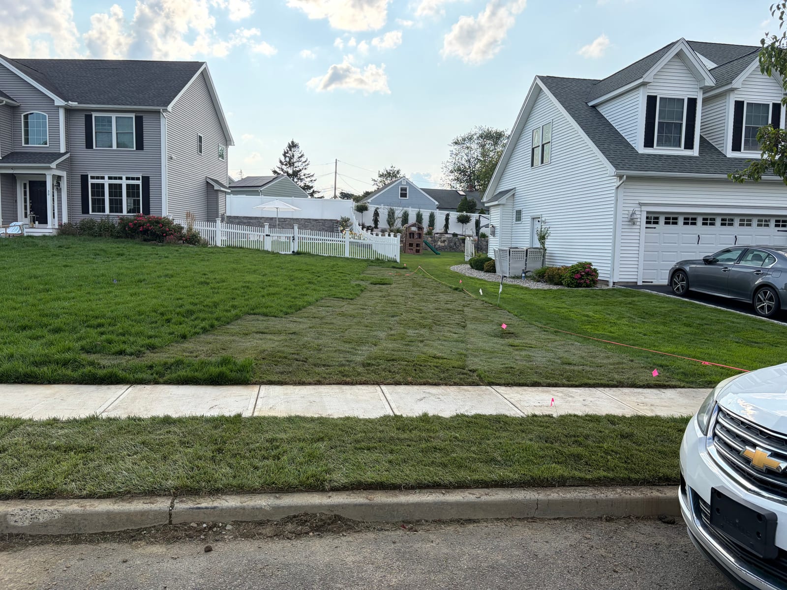 The redone section of the front yard in Milford, CT — fresh tall fescue re-laid between the established lawns, marker flags and string still lining the new strip