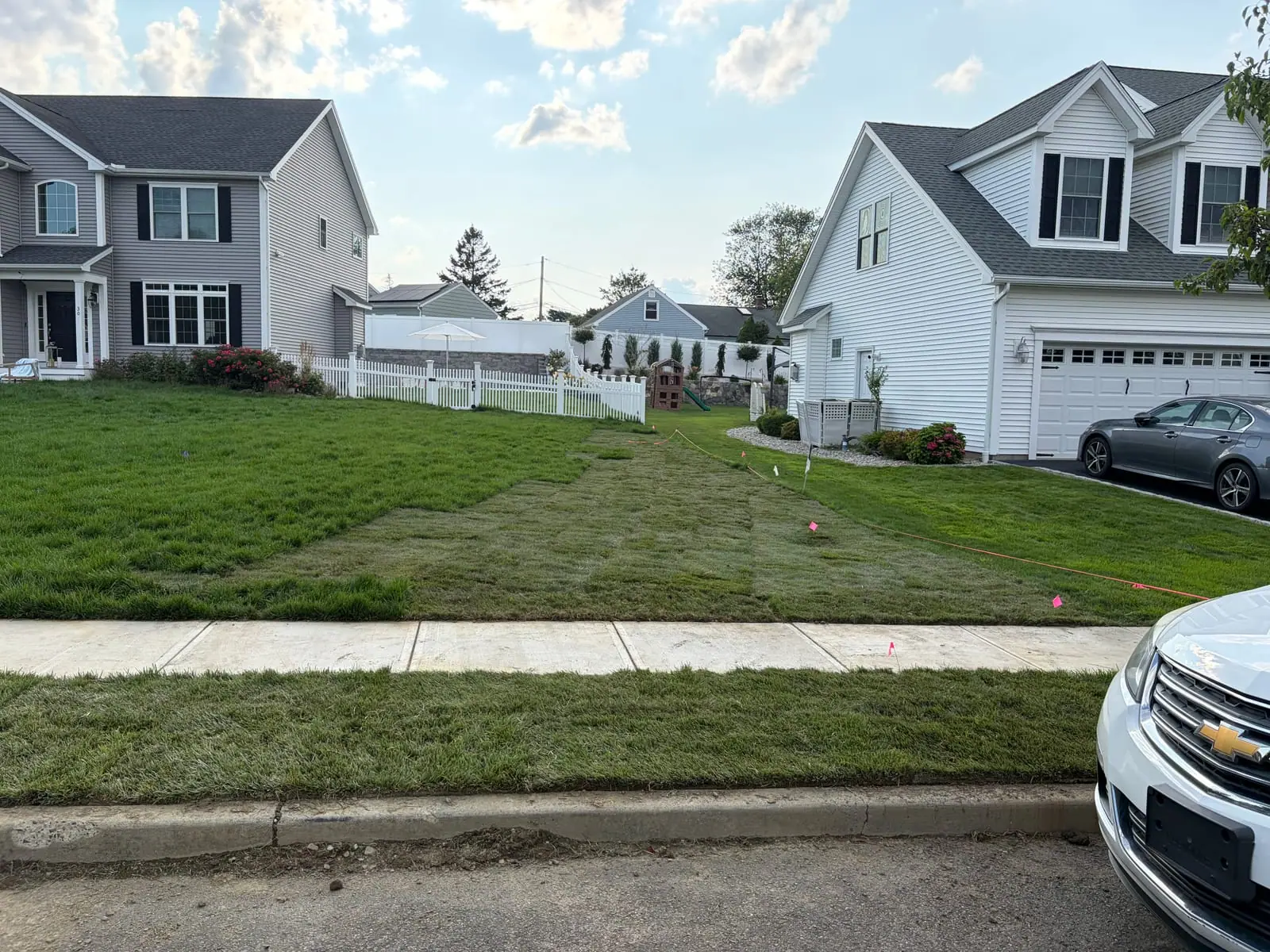 The redone section of the front yard in Milford, CT — fresh tall fescue re-laid between the established lawns, marker flags and string still lining the new strip