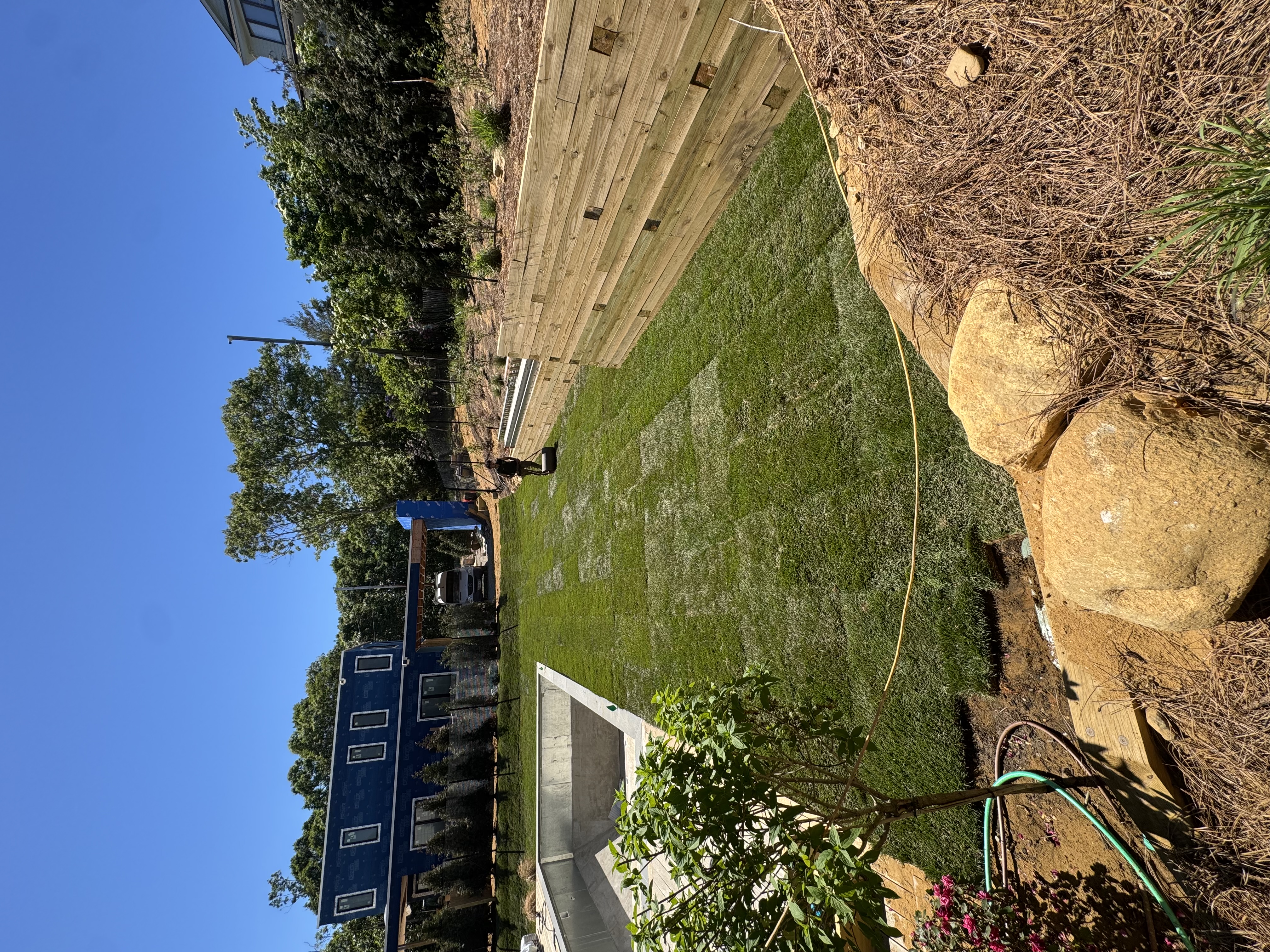 Finished green sod lawn running along the timber retaining wall after a sod installation in Montauk, NY