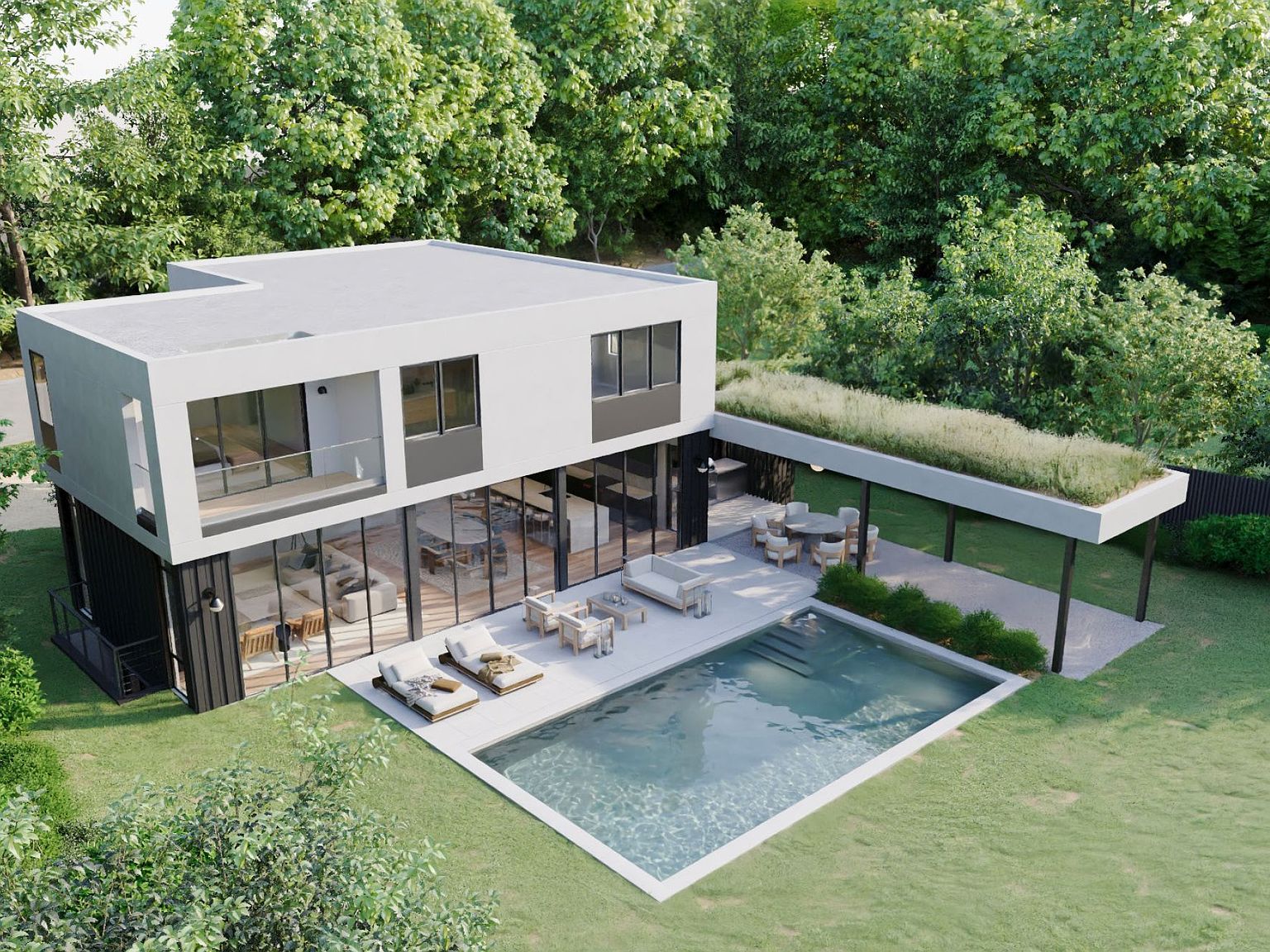 Listing rendering of the Montauk new build from above, showing the pool, green-roof pavilion, and a finished lawn drawn in where the sod is being installed