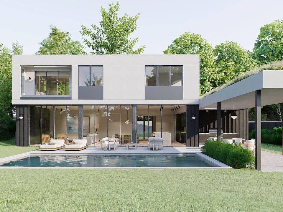Listing rendering of the rear of the Montauk home with the pool and a rendered lawn in the foreground