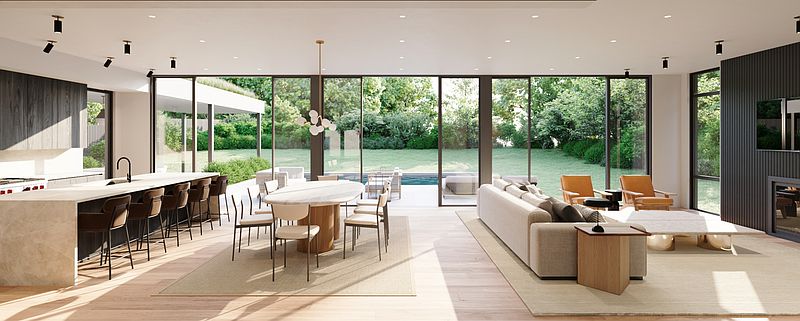 Interior listing rendering looking through the glass walls out to the rendered lawn and pool