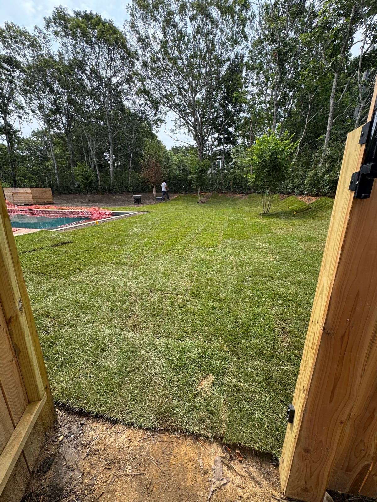 New sod lawn seen through the cedar gate at the Montauk new build, with the pool beyond