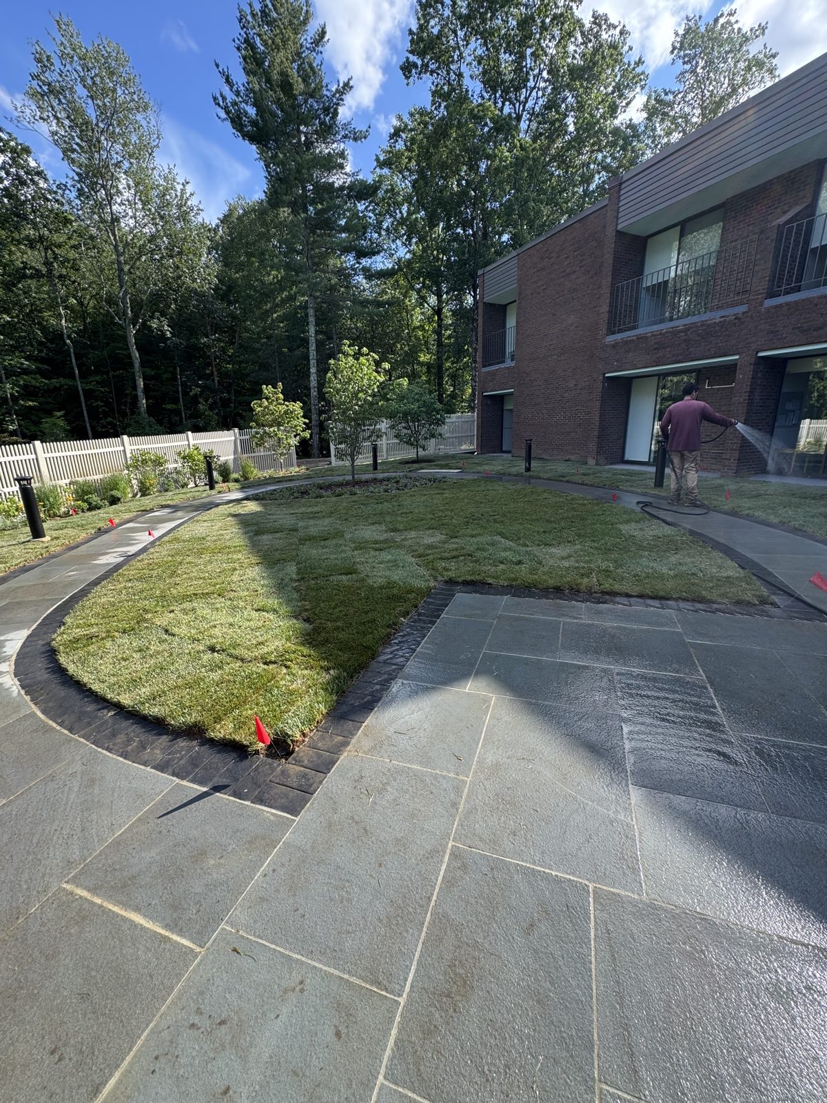 New sod surrounding the bluestone courtyard patio at a commercial property in New Canaan, CT