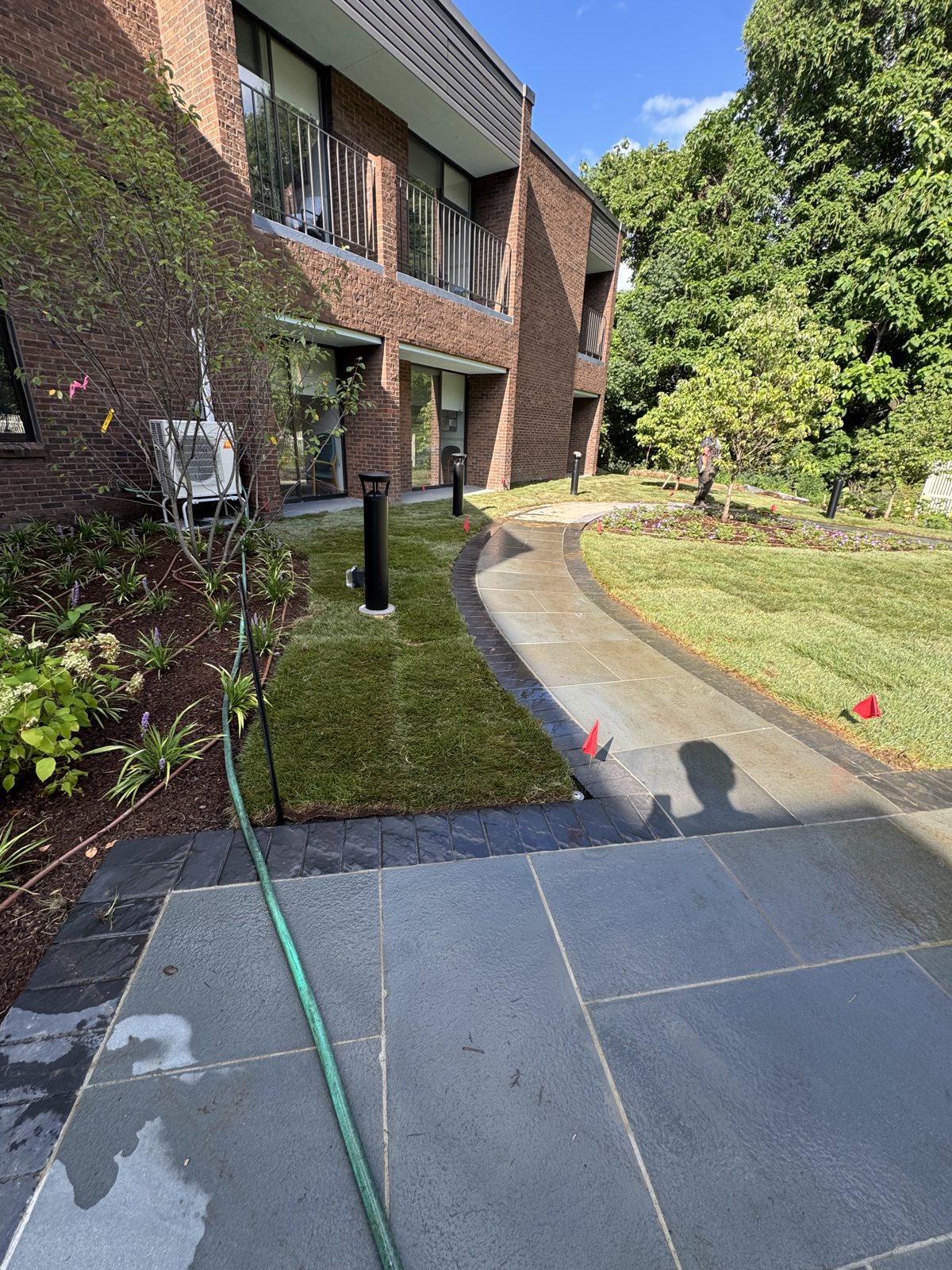 Curved bluestone walkway through fresh Kentucky bluegrass sod and new planting beds at a commercial property in New Canaan, CT