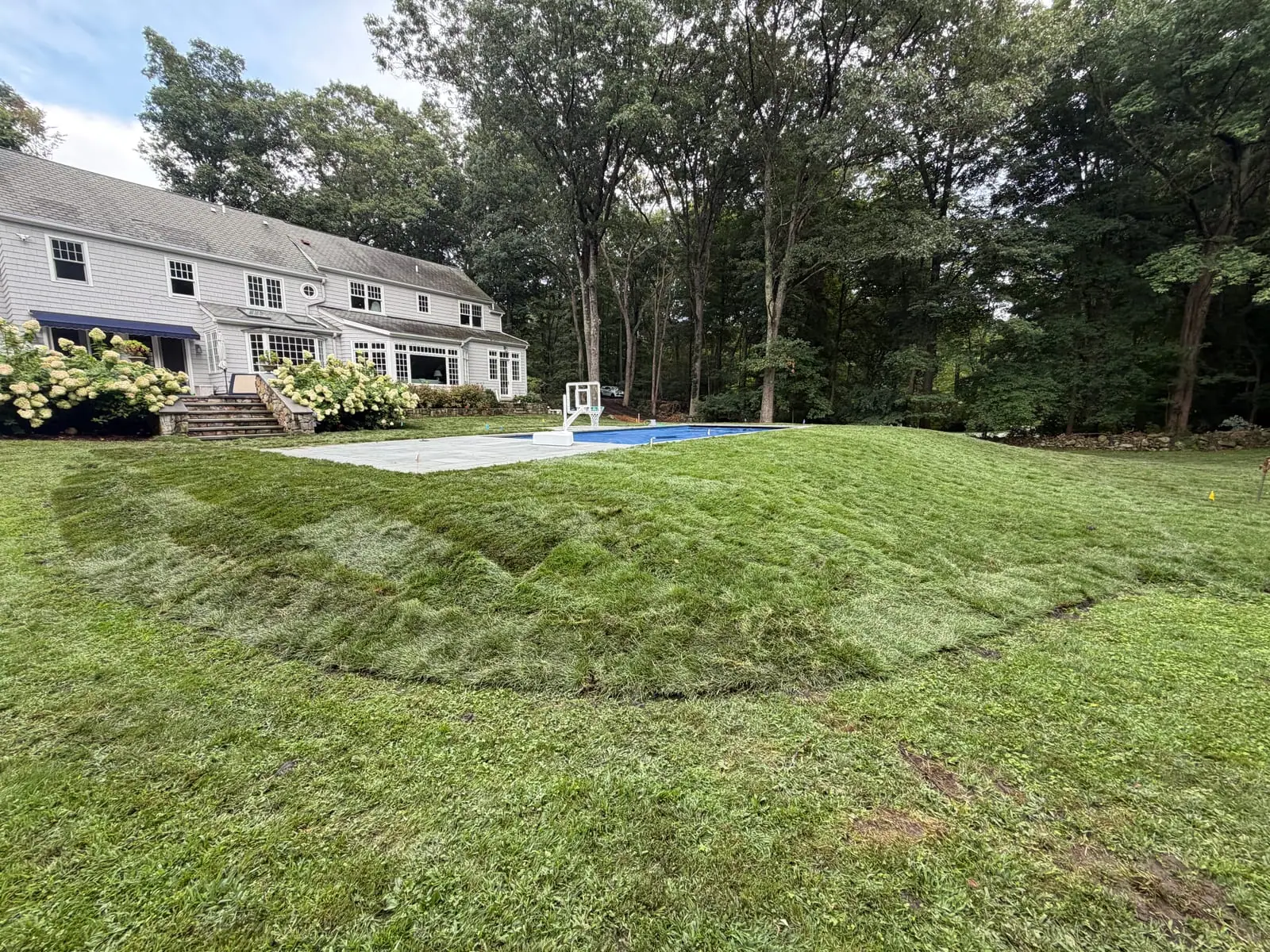 New sod running down the hillside past the covered pool at a New Canaan, Connecticut home