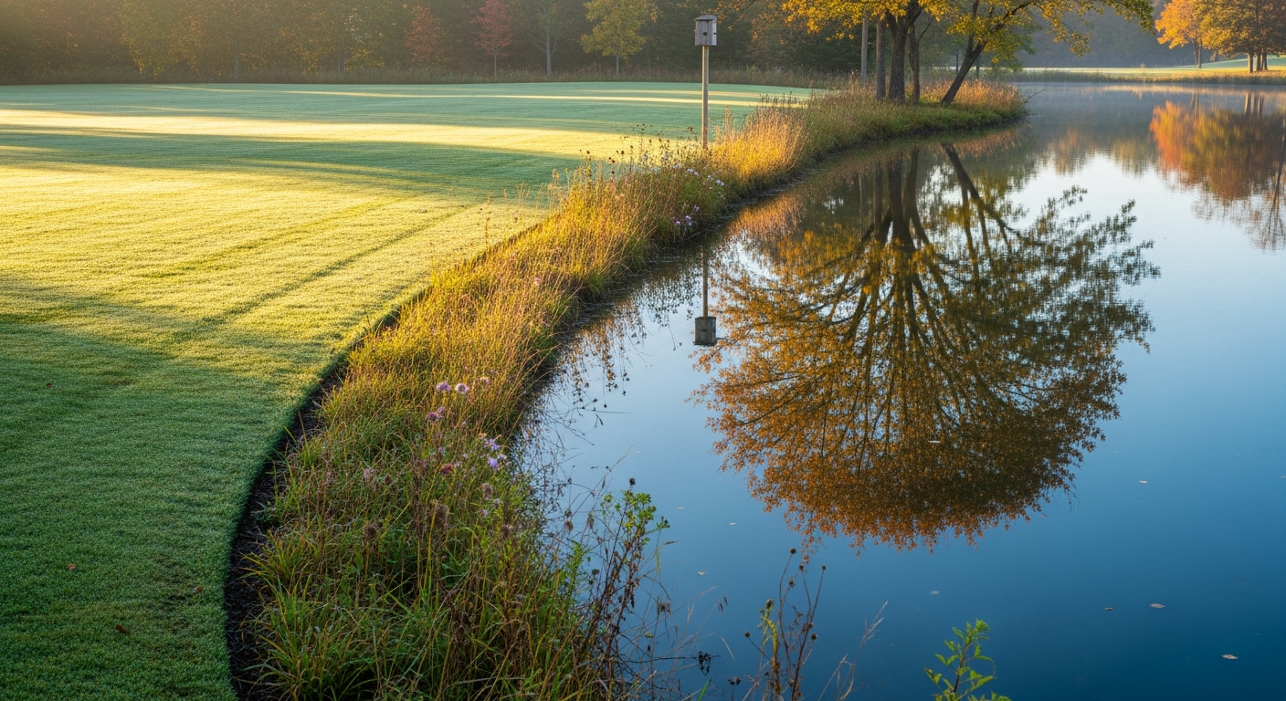 A healthy green lawn meeting the edge of a calm pond with a natural grassy buffer strip, illustrating phosphorus runoff rules that protect waterways