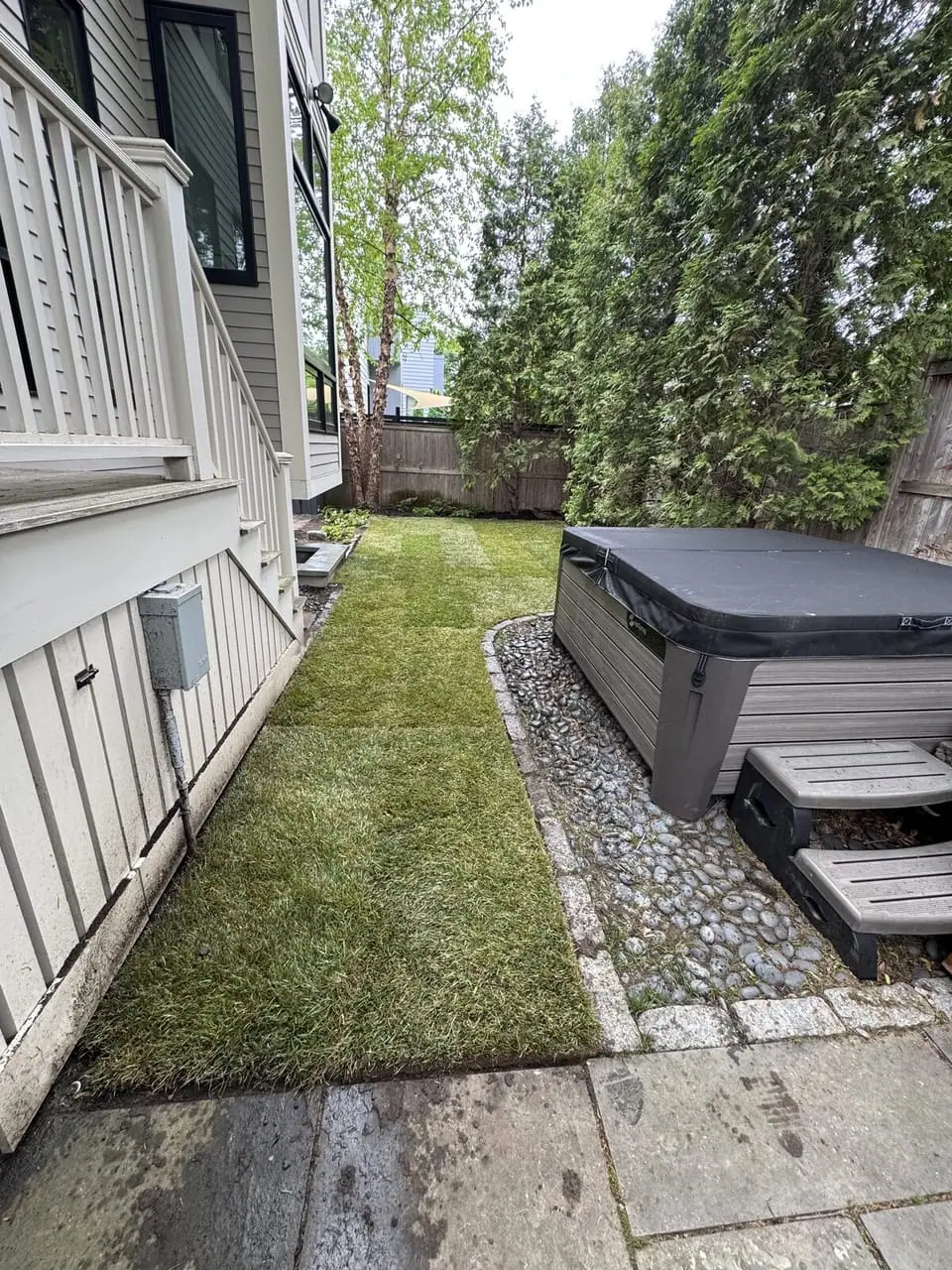 Fresh RTF sod seams installed tight along the foundation of a Cambridge, MA home