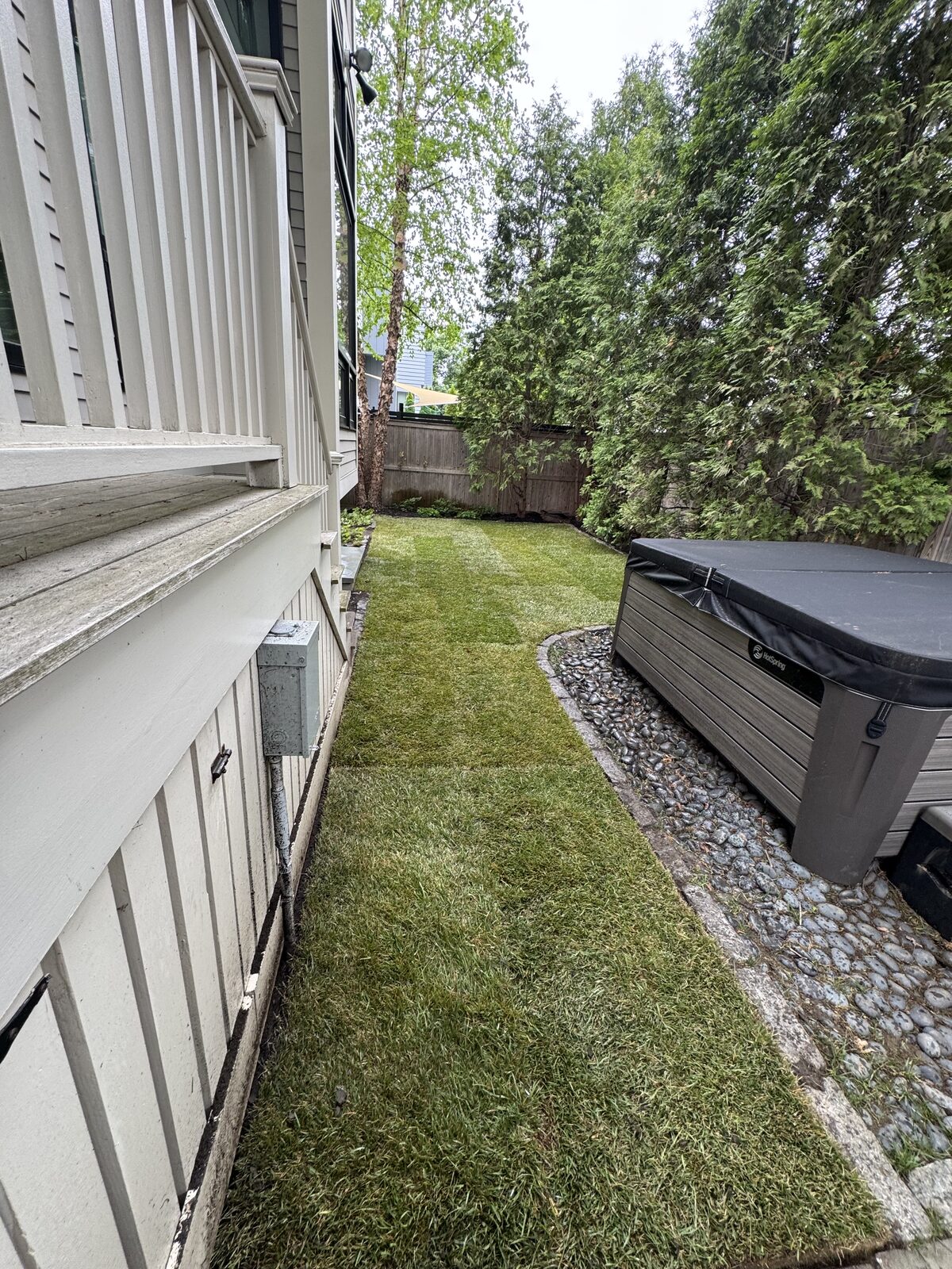 Fresh sod installed in a narrow Cambridge, MA backyard beside a hot tub and bluestone patio