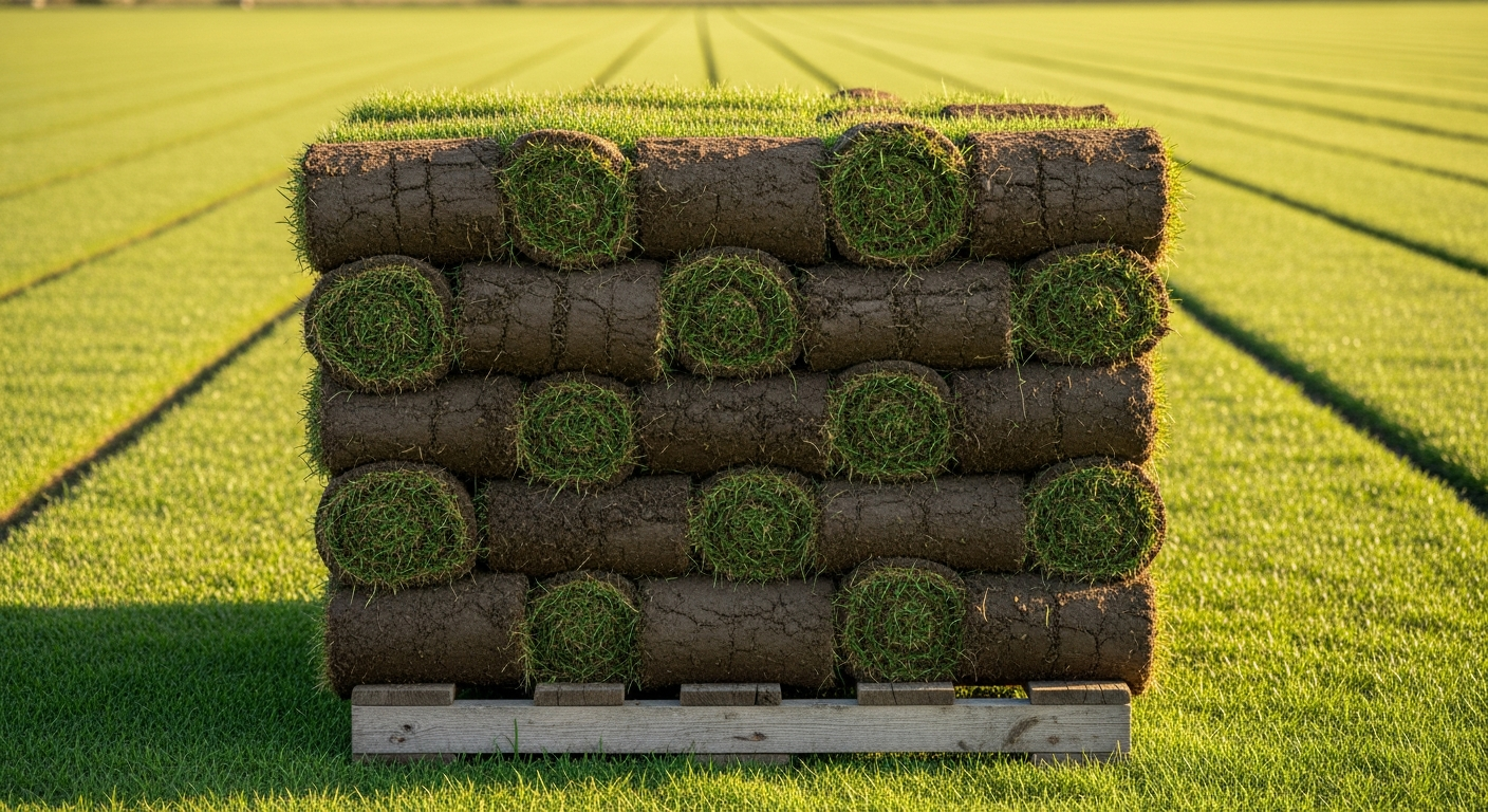 Wooden pallet stacked with freshly cut green sod slabs on a dusty farm driveway, photographed from a slight downward angle in bright natural sunlight, with palm trees and flat farmland softly blurred in the background under a blue sky.