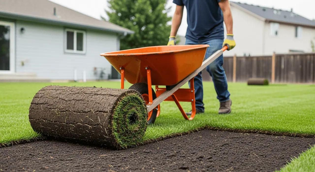 Fresh sod being moved by wheelbarrow during installation