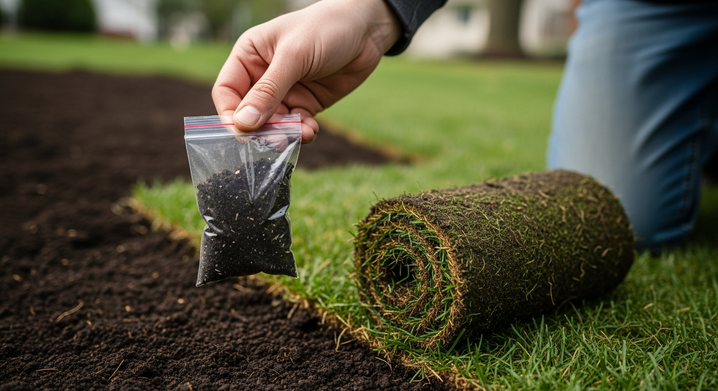 A hand holding a clear soil-test sample bag of dark soil over a freshly graded lawn bed with a roll of fresh green sod nearby