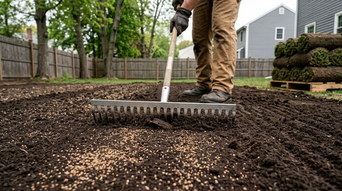 Under Sod™ granular fertilizer raked into prepared topsoil before new sod is laid — mixed into the soil, not spread on top.