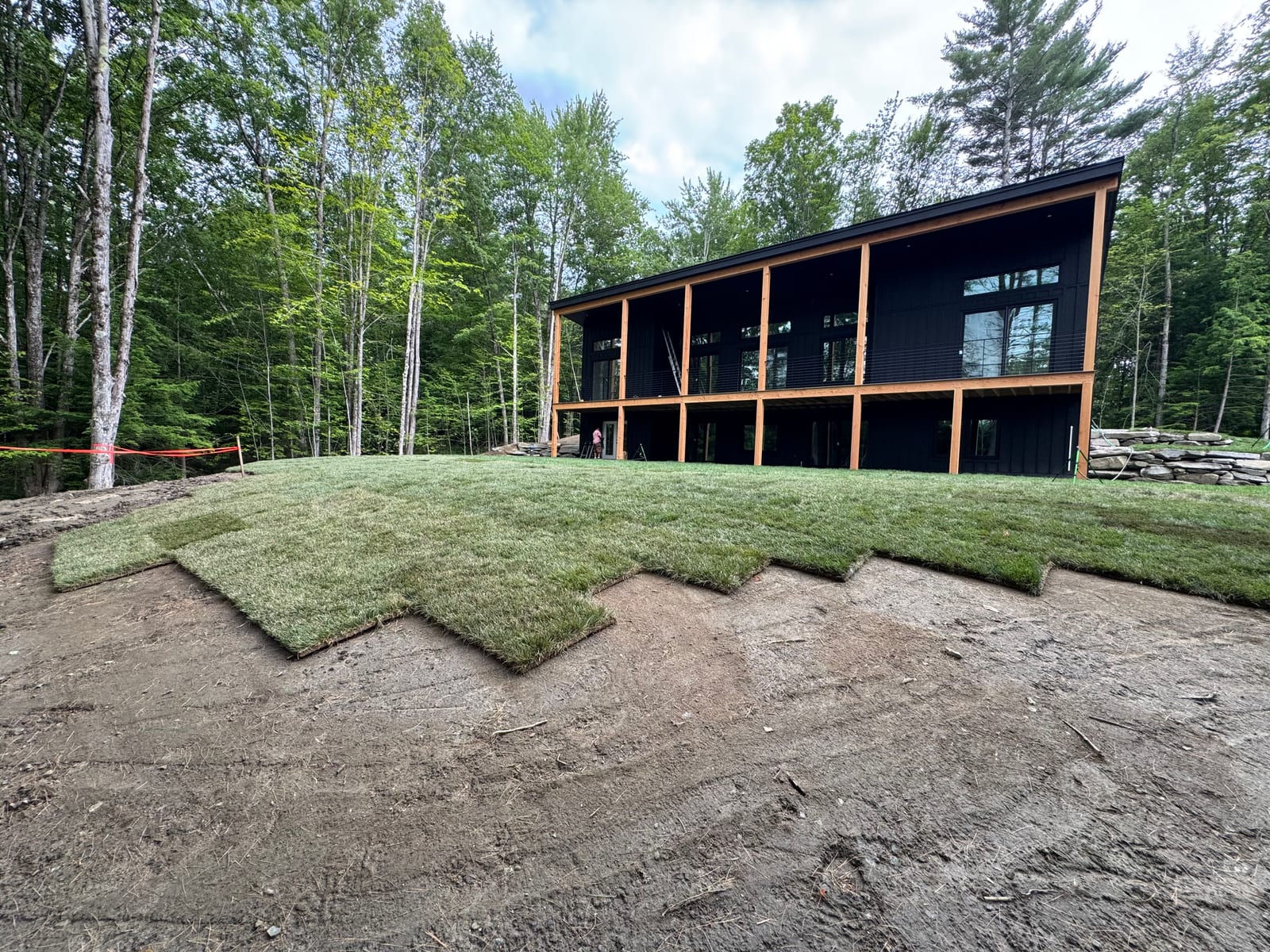 Tall fescue sod laid in a wide arc in front of a modern black Vermont home on a hot, full-sun summer day, with graded dirt still bordering the new lawn
