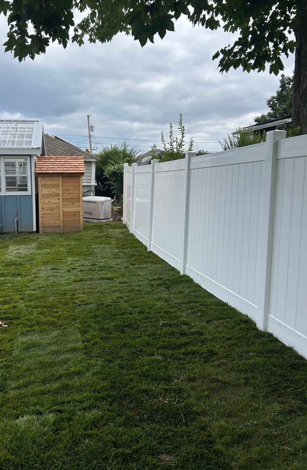 Fresh-cut sod along the fence line in a Warren, RI back yard, seams still visible