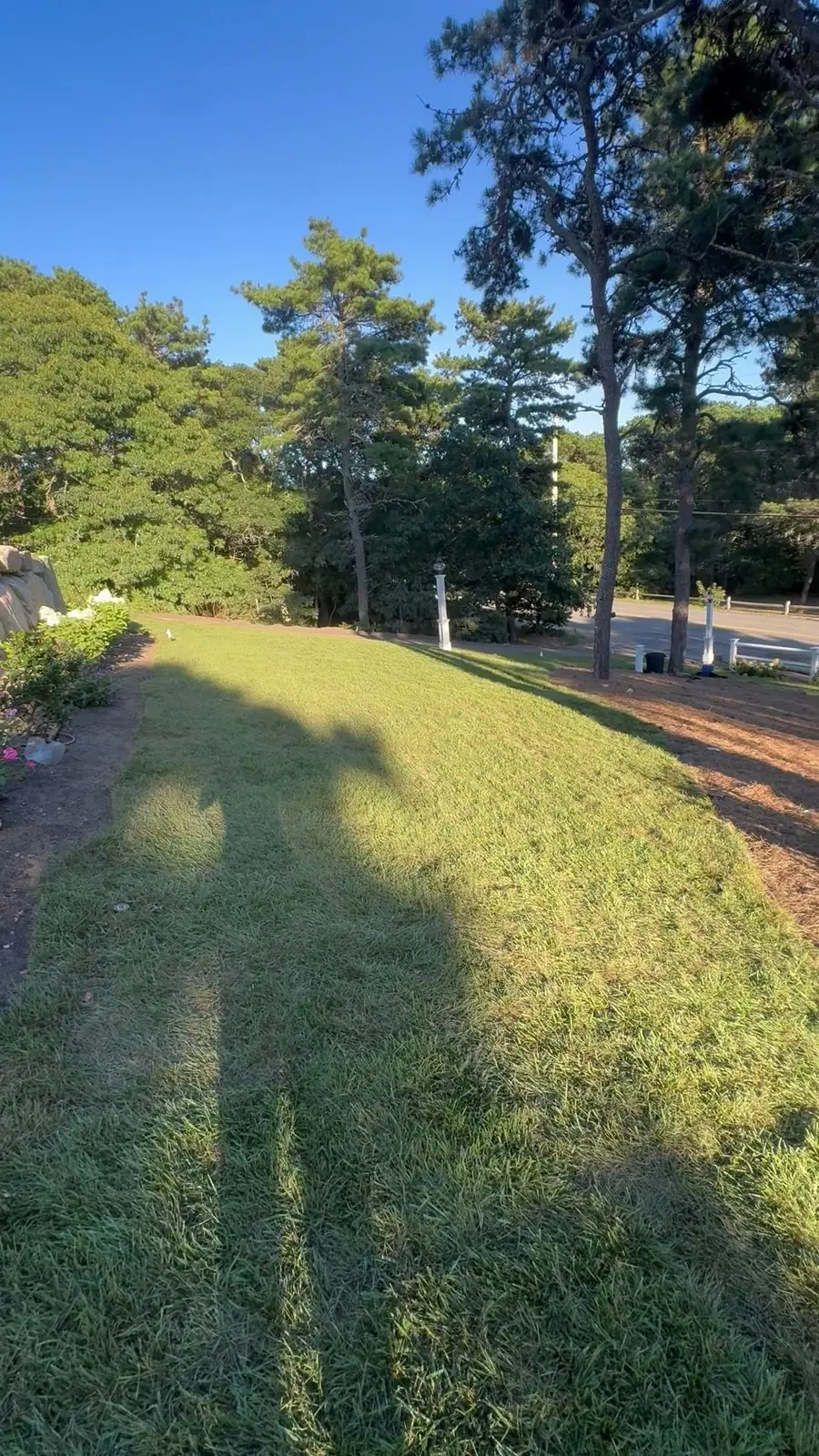 The sodded road frontage below the boulder wall — and the pan across to the section still waiting on its sod