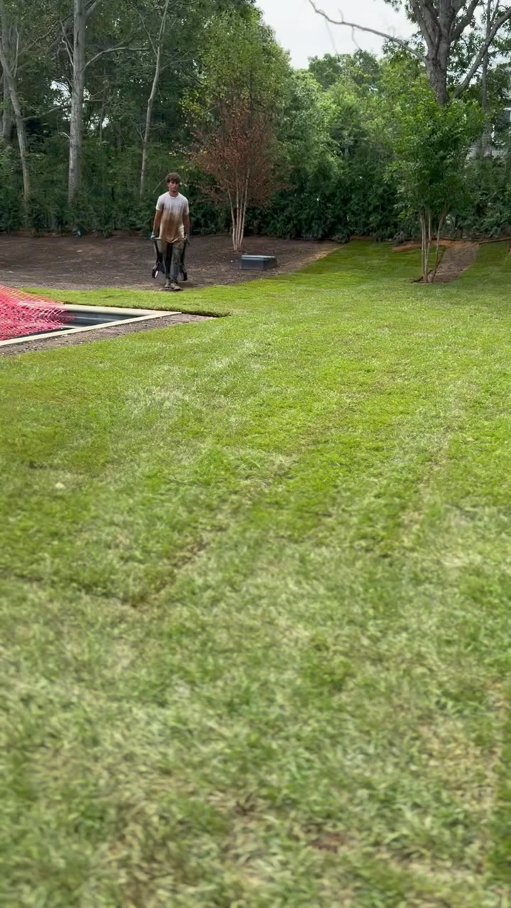 A few hours in: fresh sod wraps the pool and climbs the back slope while the crew keeps laying