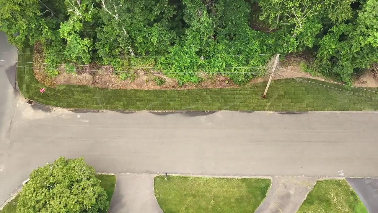 Street-side drone view of the Shelton, CT property — stone entrance wall and driveway with the new lawn visible through the trees