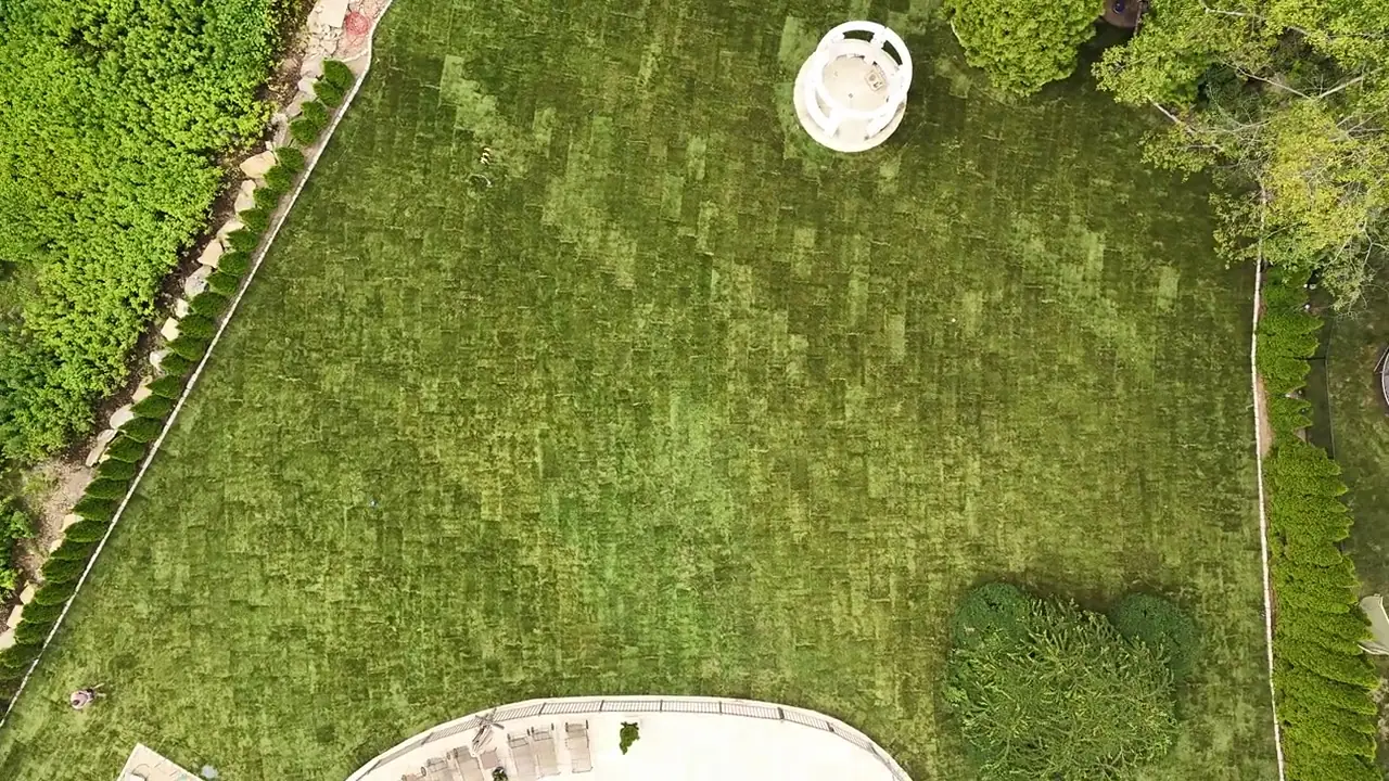 Straight-down drone pass over the finished Shelton, CT lawn — checkerboard sod seams running from the gazebo to the privacy hedges