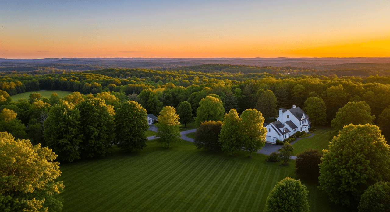 Aerial view of a Westport-area CT estate property at sunset with open lawn and mature tree line
