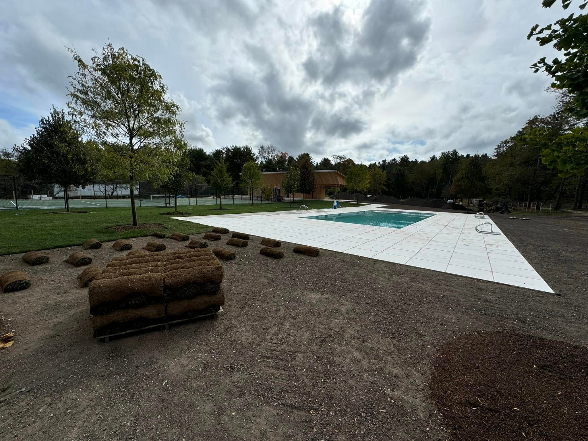 Fresh sod rolls being installed around a pool, with stacks of turf in a wooded backyard.