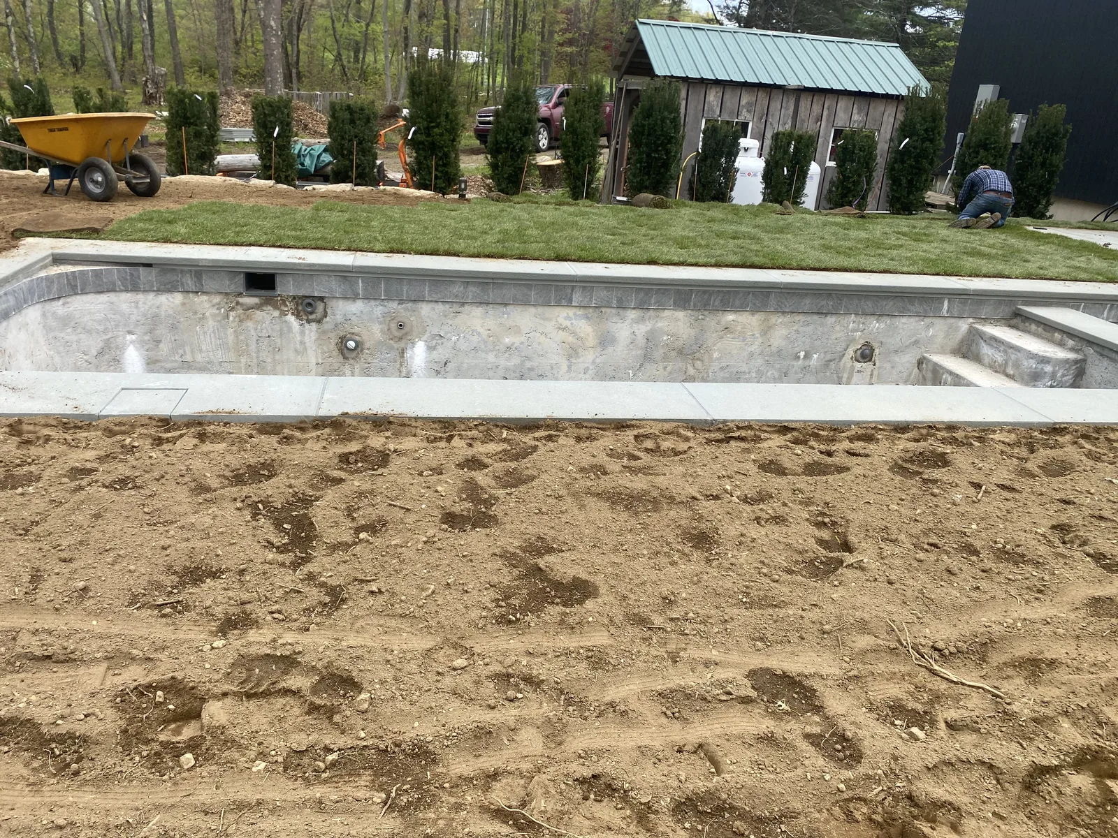 Fresh-cut sod installed around a pool surround on a Warren, CT Litchfield Hills estate