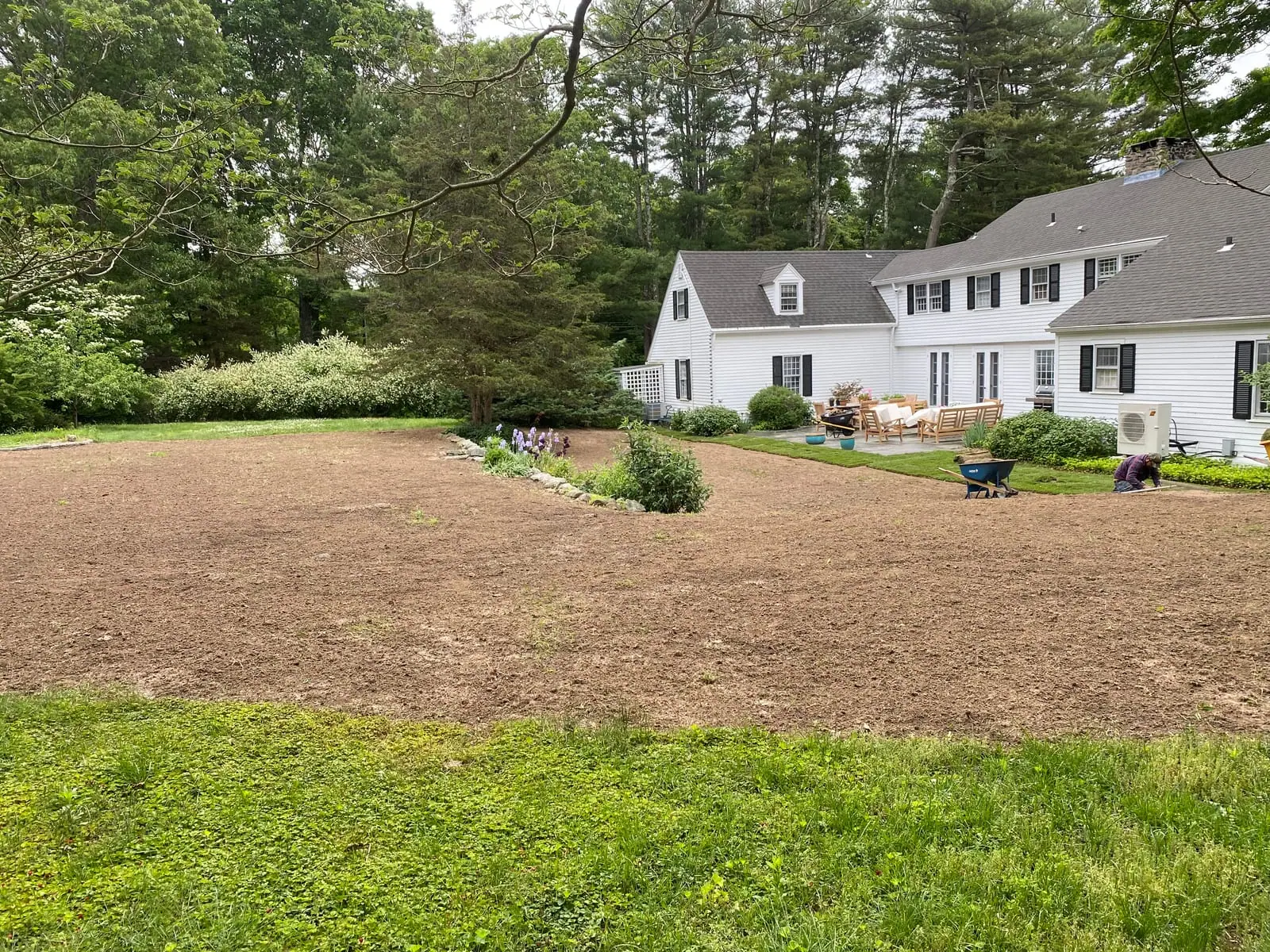 A wide back lawn graded flat to smooth fresh soil and sloped for drainage, ready for sod, behind a white Connecticut house with a wheelbarrow staged at the edge