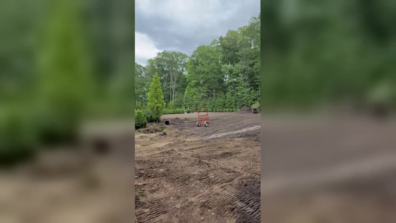 Stand-on track loader grading and leveling the back lawn of a New Canaan, CT estate during sod prep